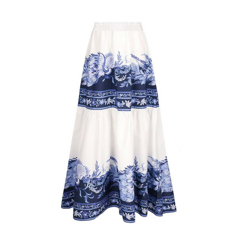 Women's V Neck New Blue Oriental-Inspired Print One Piece Swimsuit and Skirt