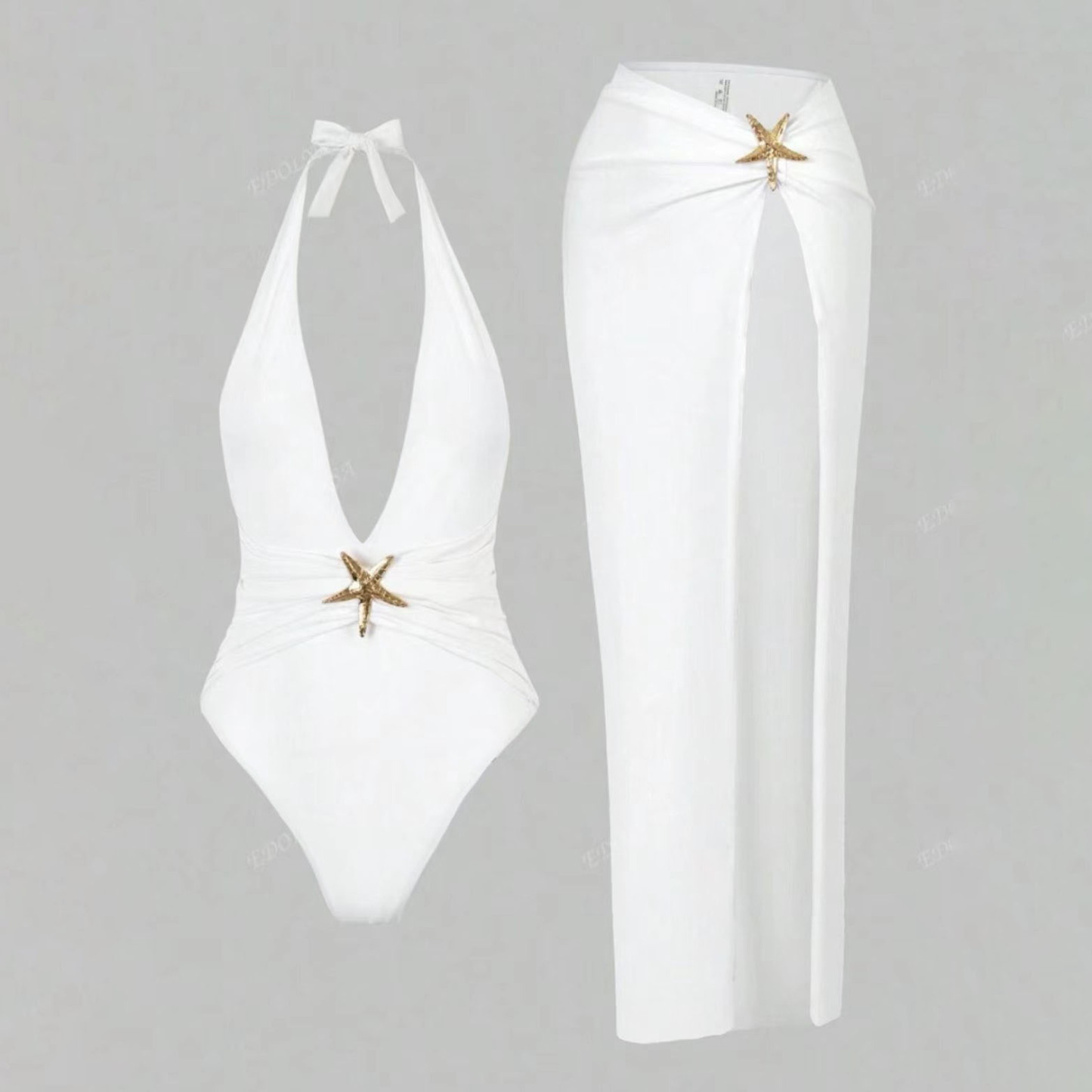 Women's Solid Color Backless One-Piece Swimsuit and Skirt