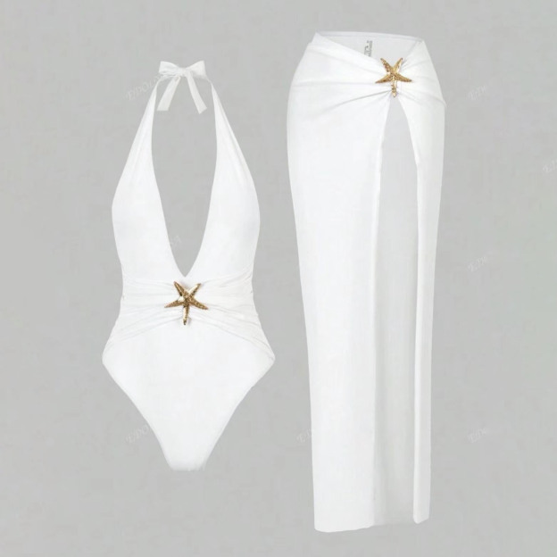 Women's Solid Color Backless One-Piece Swimsuit and Skirt