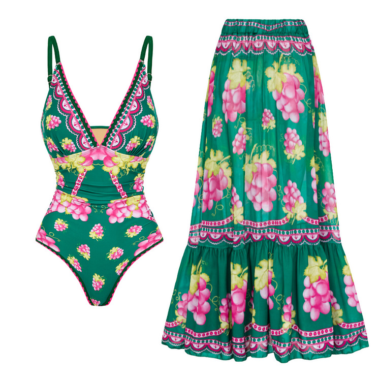 Women's Spaghetti Strap Top with Plunging V-Neck and Vintage Print One-Piece Swimsuit with Skirt