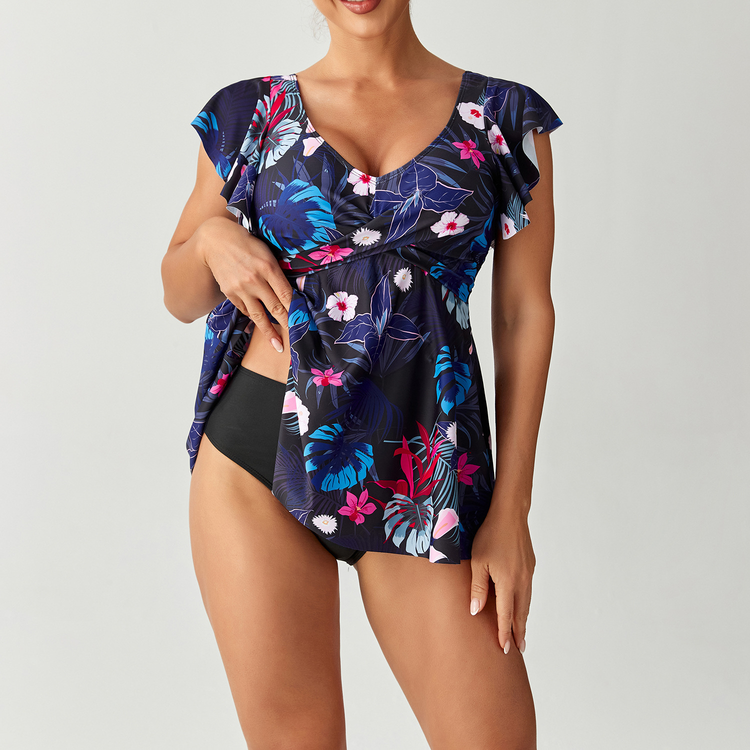 Women's Short Sleeve Ruffle Trim Skirted Swimwear Set with Tropical Botanical Print