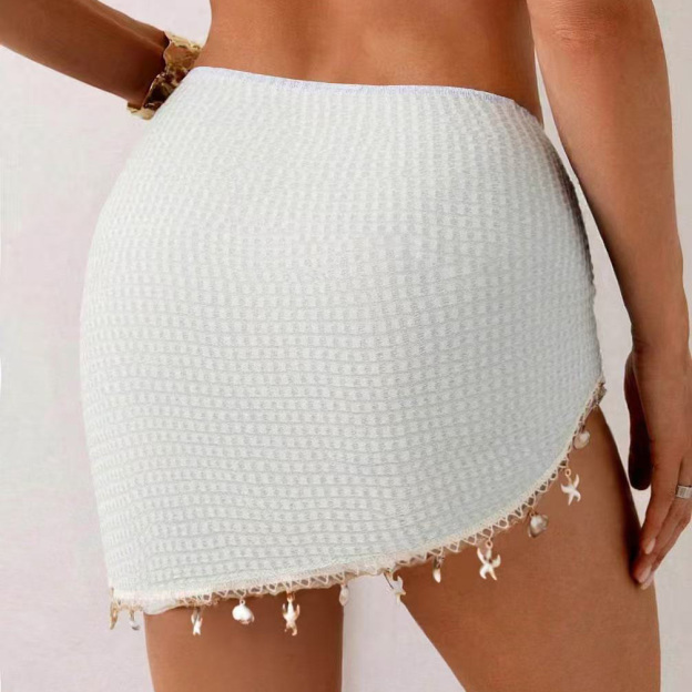 Black Knit Cover-Up Skirt Embellished with Shells, Starfish, and Fringe