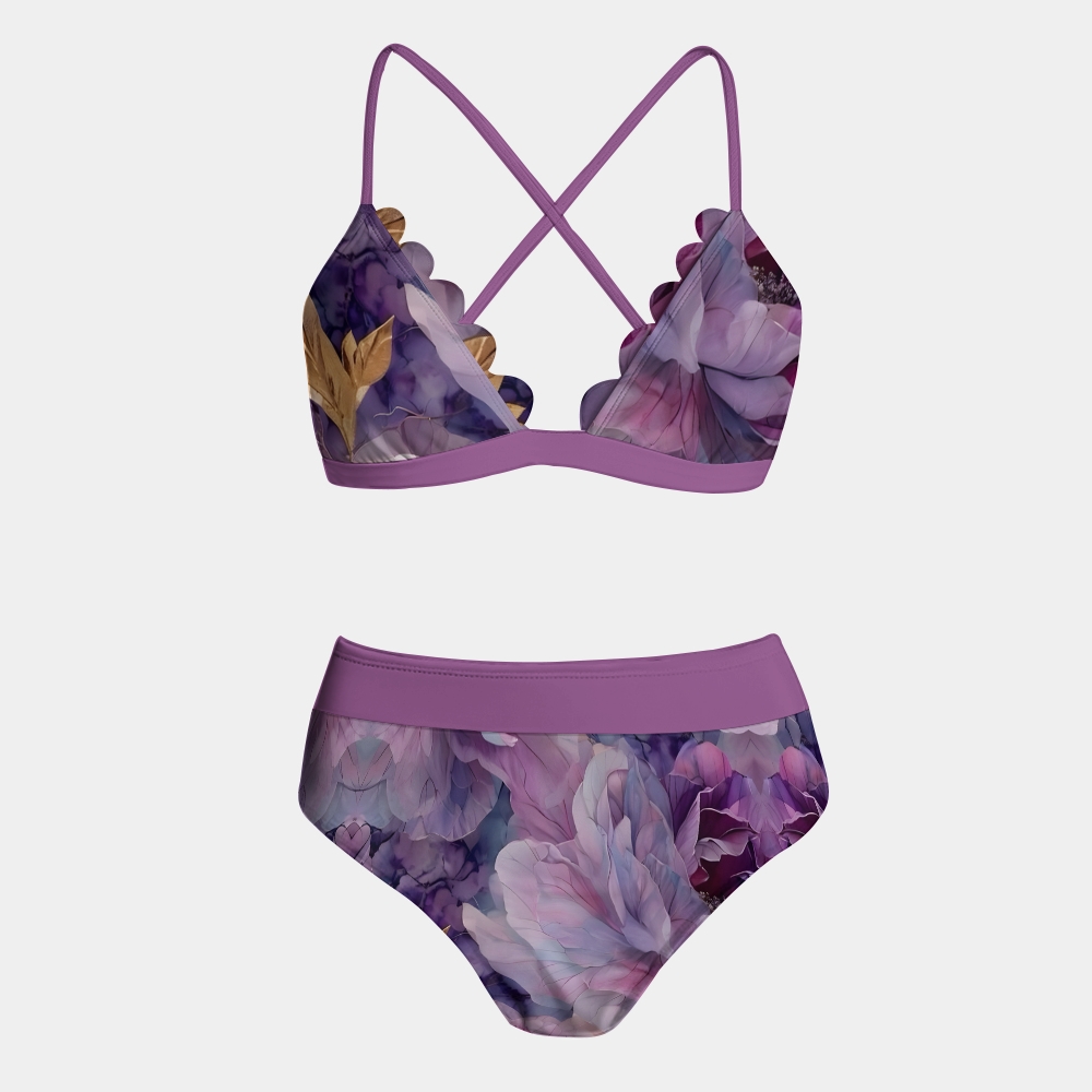 Artistic Floral Crisscross Bikini Set with Matching Tiered Maxi Skirt