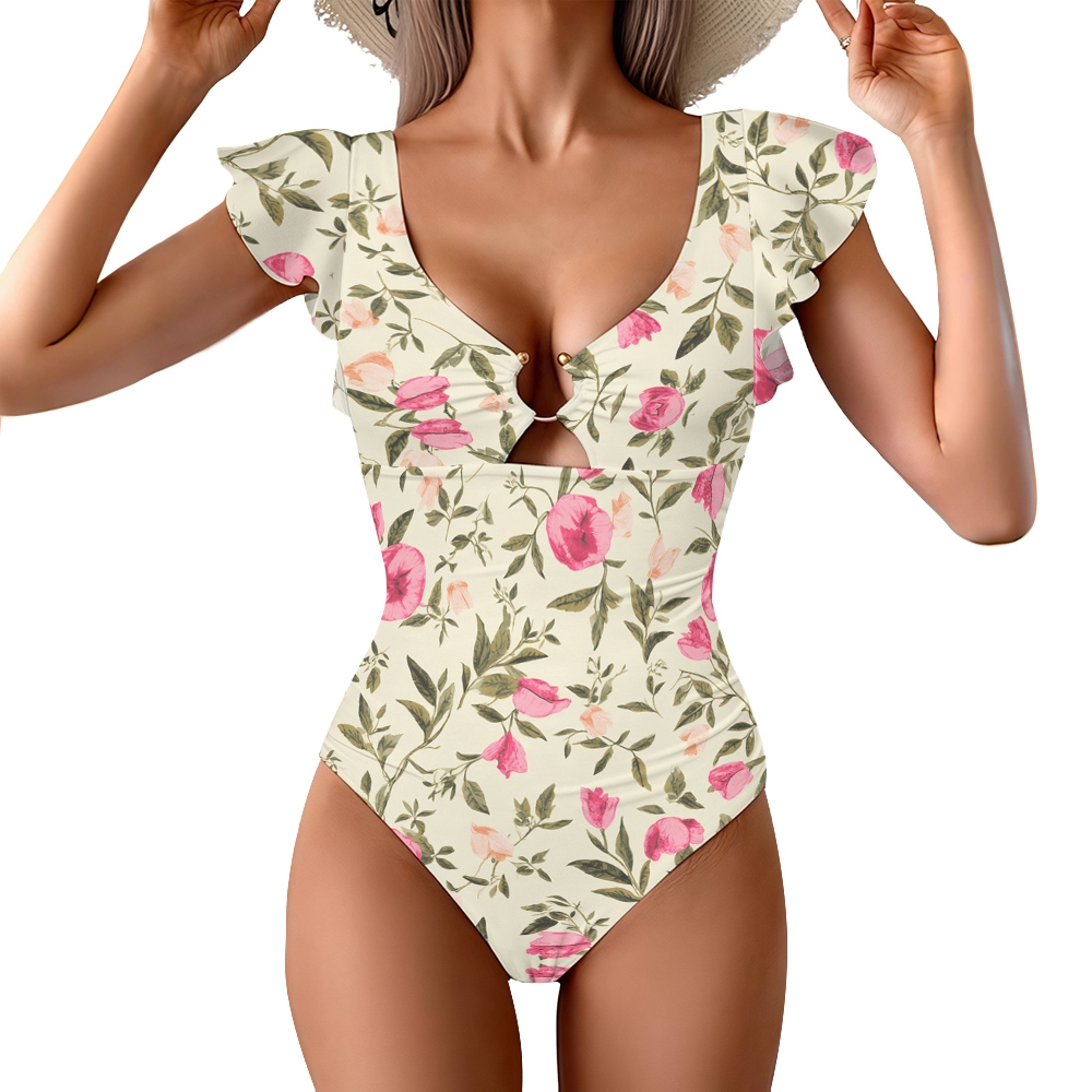 Floral Ruffle One-piece Swimsuit with Matching Wrap Skirt