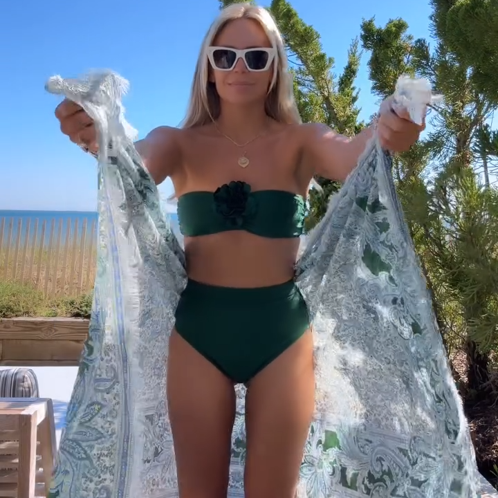 Green Print Bandeau Bikini Set with Skirt