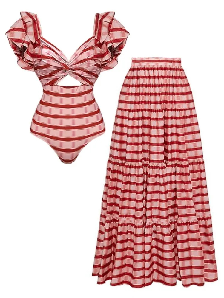 Ruffle Red Striped Printed Swimsuit and Skirt