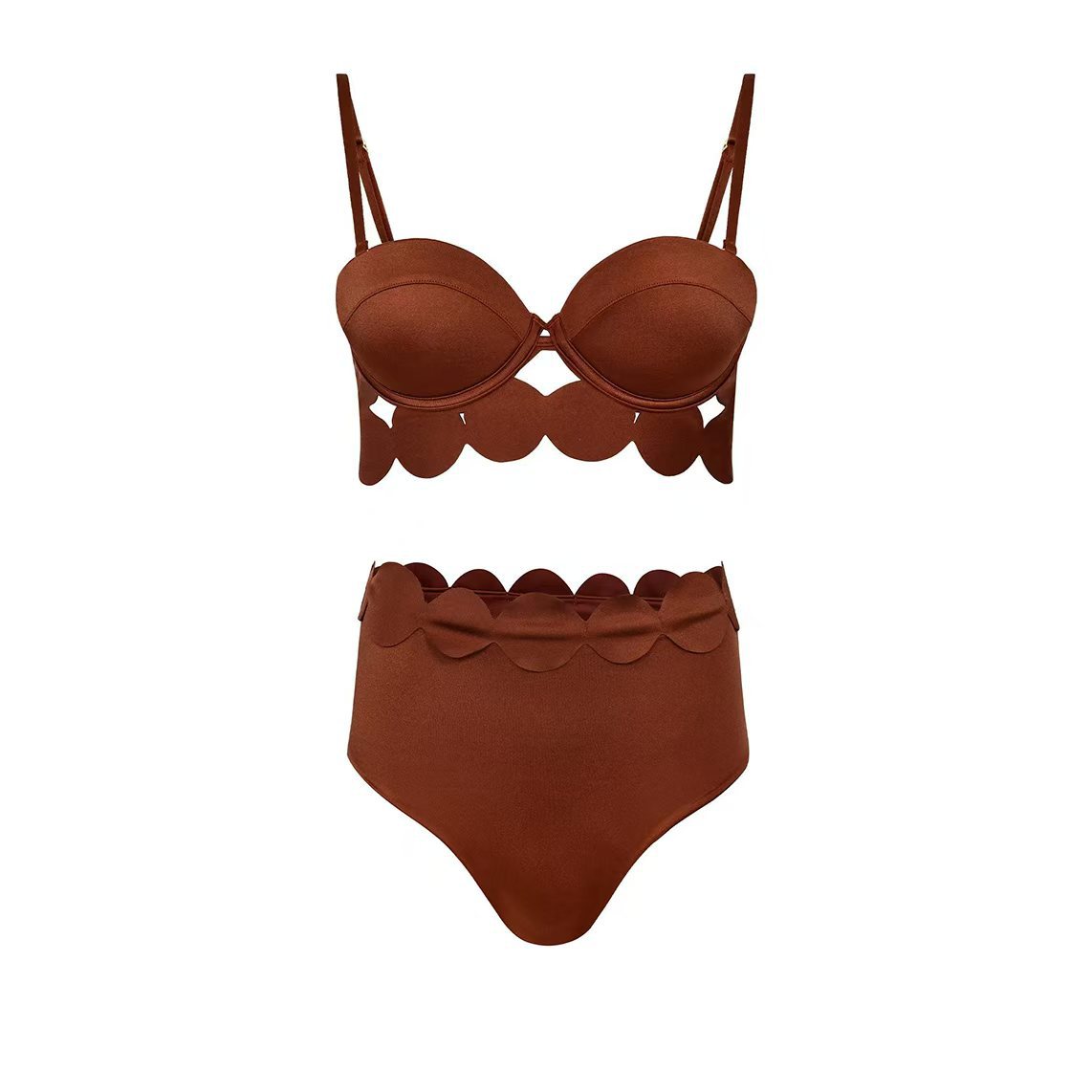 Women's New Solid Color Sexy Cut-Out Bikini Two-Piece Swimsuit with Skirt - Brown