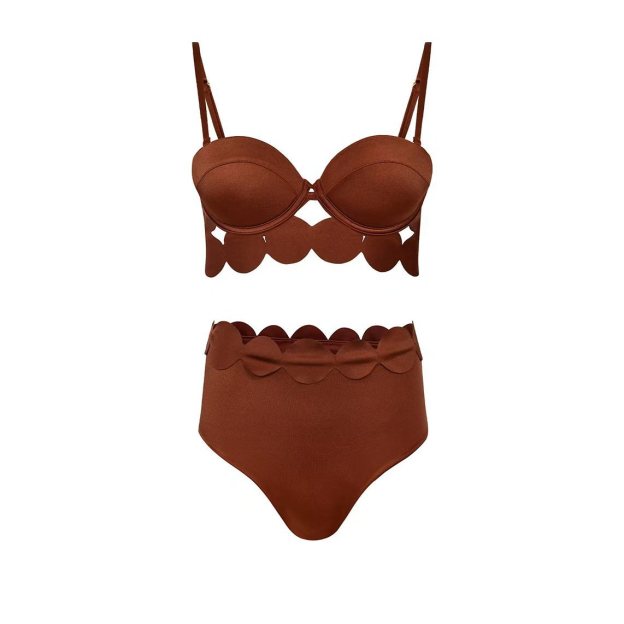 Women's New Solid Color Sexy Cut-Out Bikini Two-Piece Swimsuit with Skirt - Brown