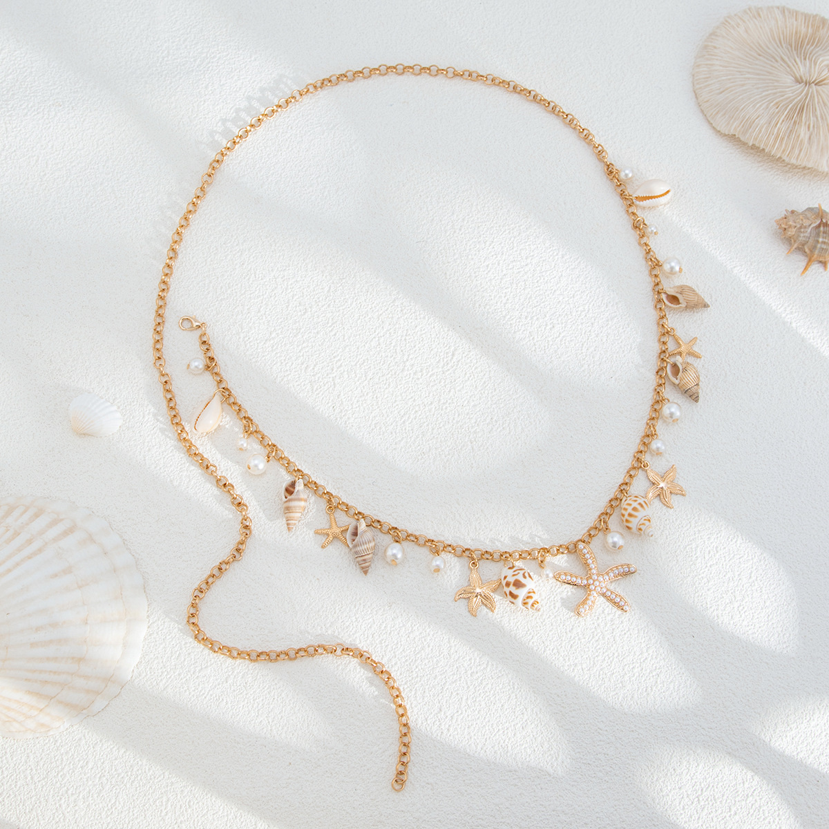 Ocean Style Gold Waist Chain Shell Starfish Pearl Pendant Summer Beach Jewelry for Women