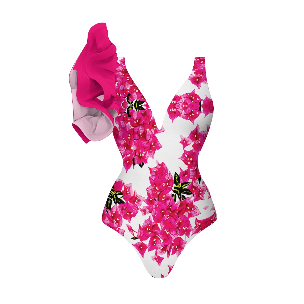 Bougainvillea Print Ruffled One Piece Swimsuit and Wrap Sarong Set
