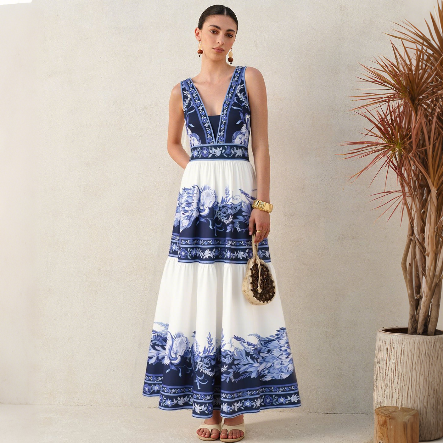 Women's V Neck New Blue Oriental-Inspired Print One Piece Swimsuit and Skirt