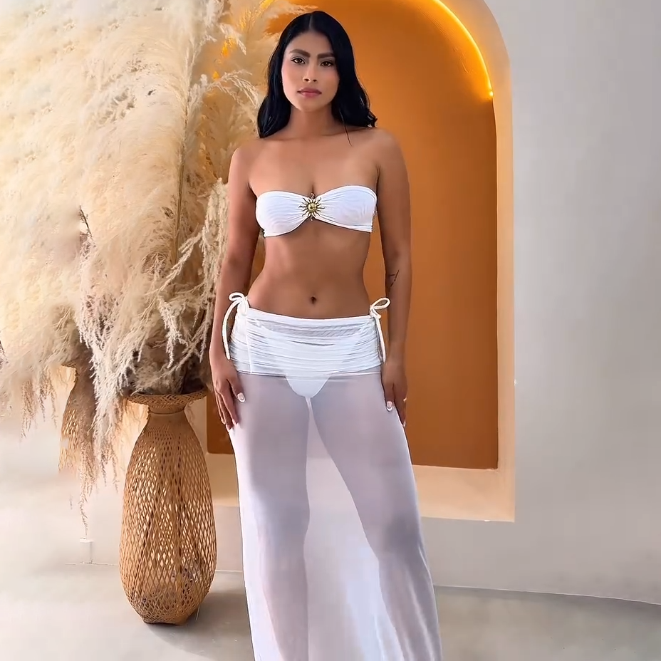 White Bandeau Bikini Set with Sheer Mesh Skirt