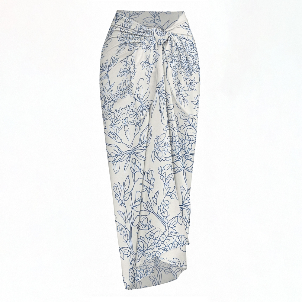 Minimalist Floral Line Halter Bikini Set with Matching Sarong Skirt