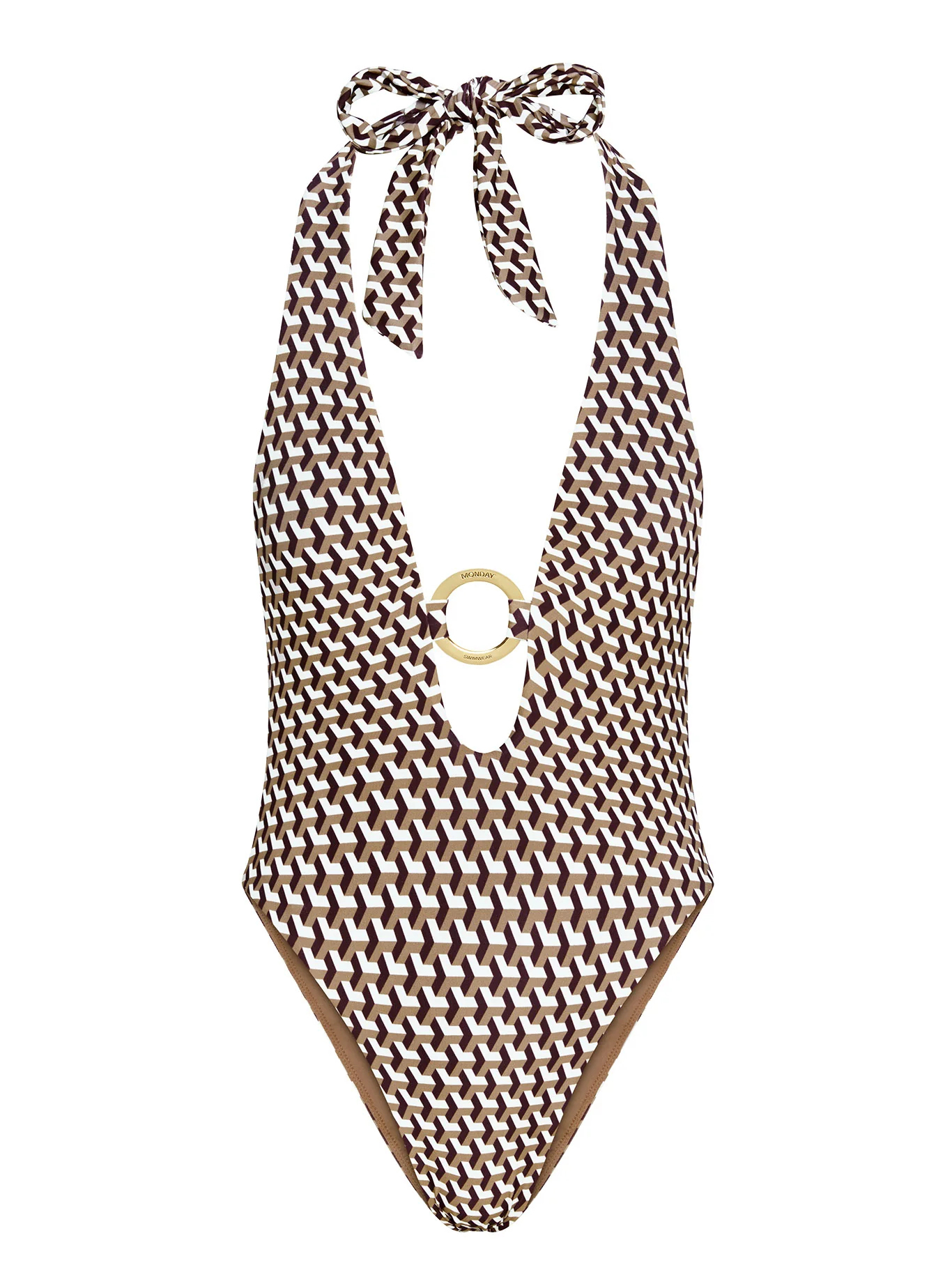 Retro Geometric 3D Cube Halter Metal Ring One-Piece