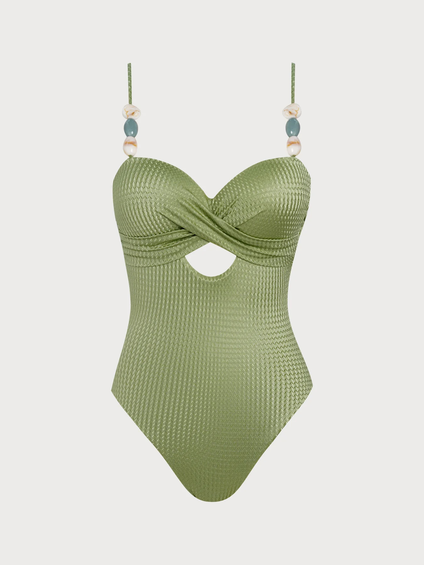 Avocado Green Textured Shell Beaded Strap Twist Swimsuit