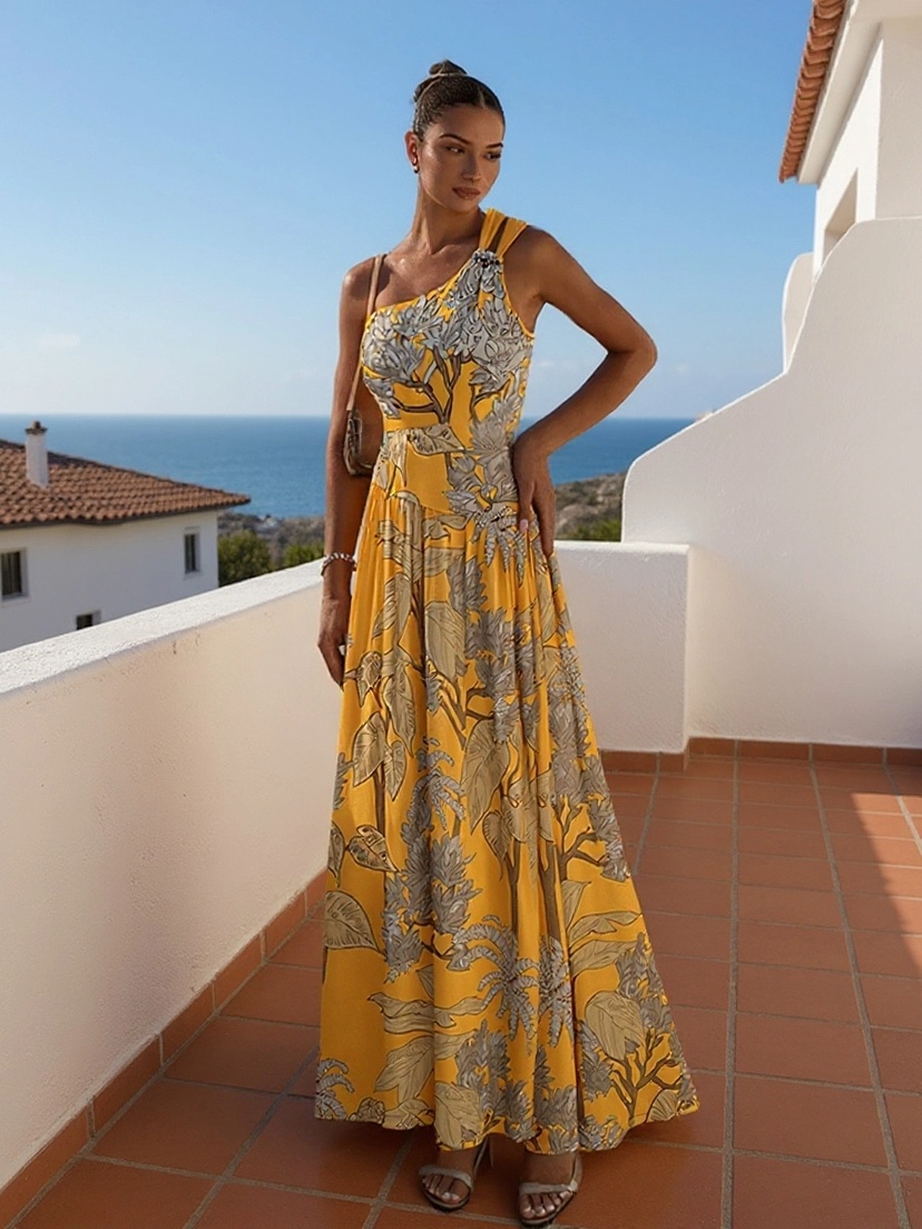 Botanical Leaf Yellow Printed Swimsuit & Cover-Up Set