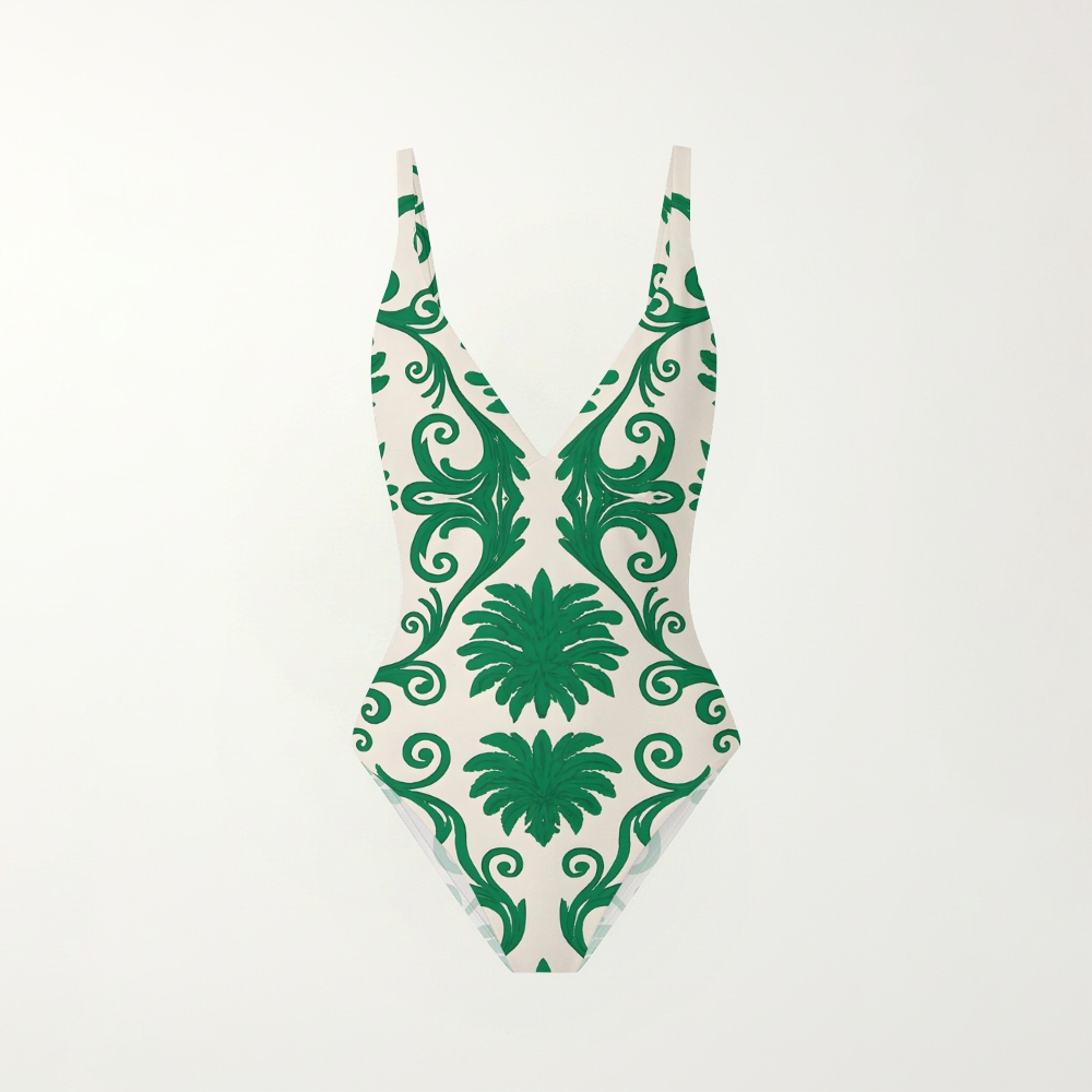 Baroque Leaf Motif Print One Piece Swimsuit with Matching Tiered Maxi Skirt