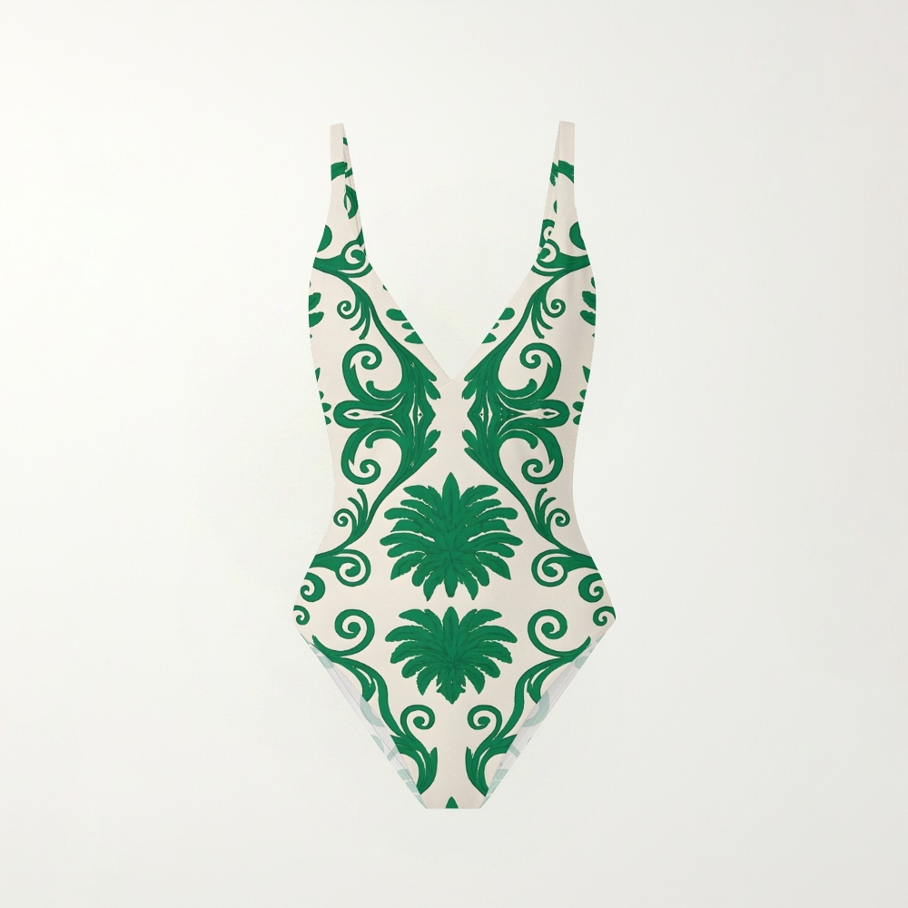 Baroque Leaf Motif Print One Piece Swimsuit with Matching Tiered Maxi Skirt
