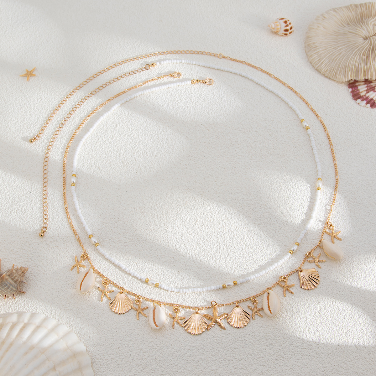 Ocean Style Gold Waist Chain Shell Starfish White Bead Pendant Summer Beach Jewelry for Women