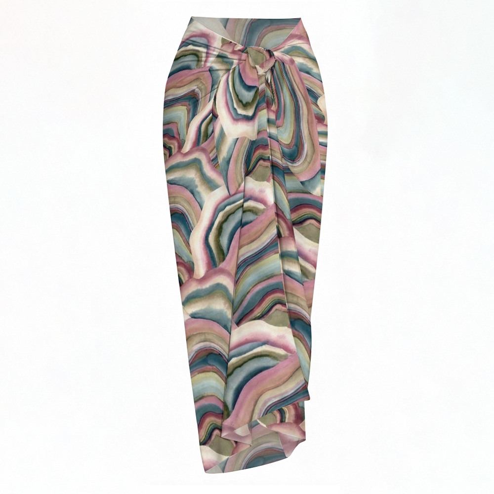 Printed Fashion Panel Bikini Top High Waist Bottom and Sarong Three Piece Set