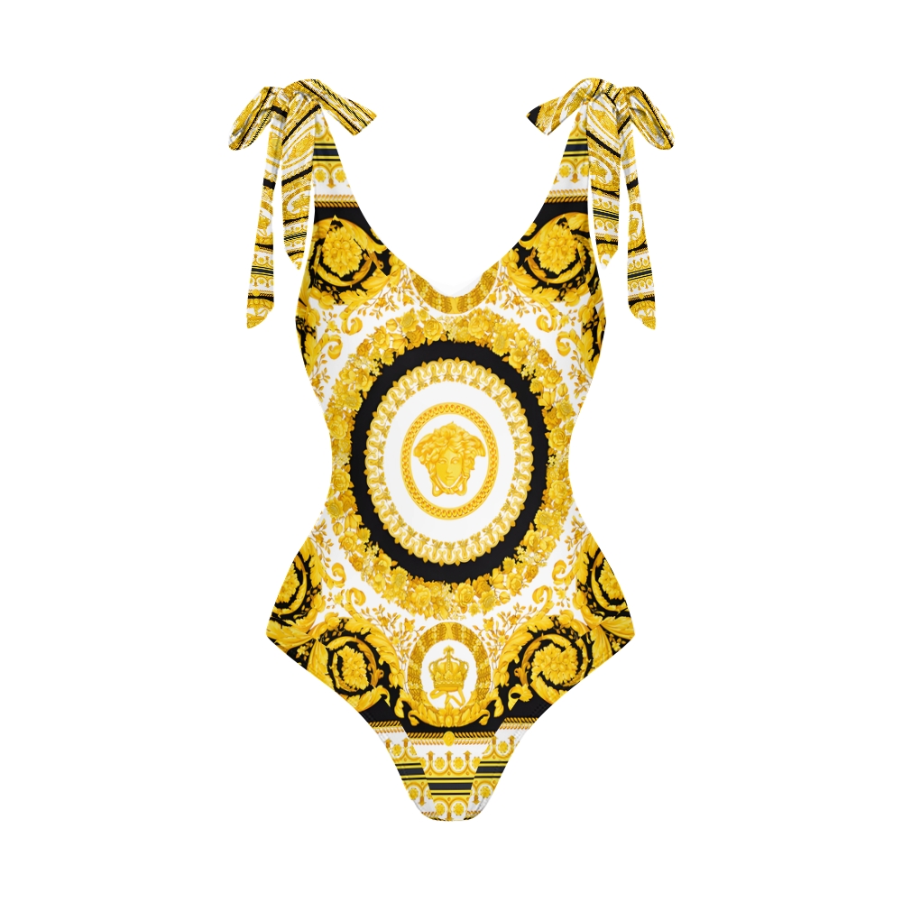 Women's Luxurious Baroque Medusa Pattern Fabric in Black and Gold One-Piece Swimsuit with Skirt