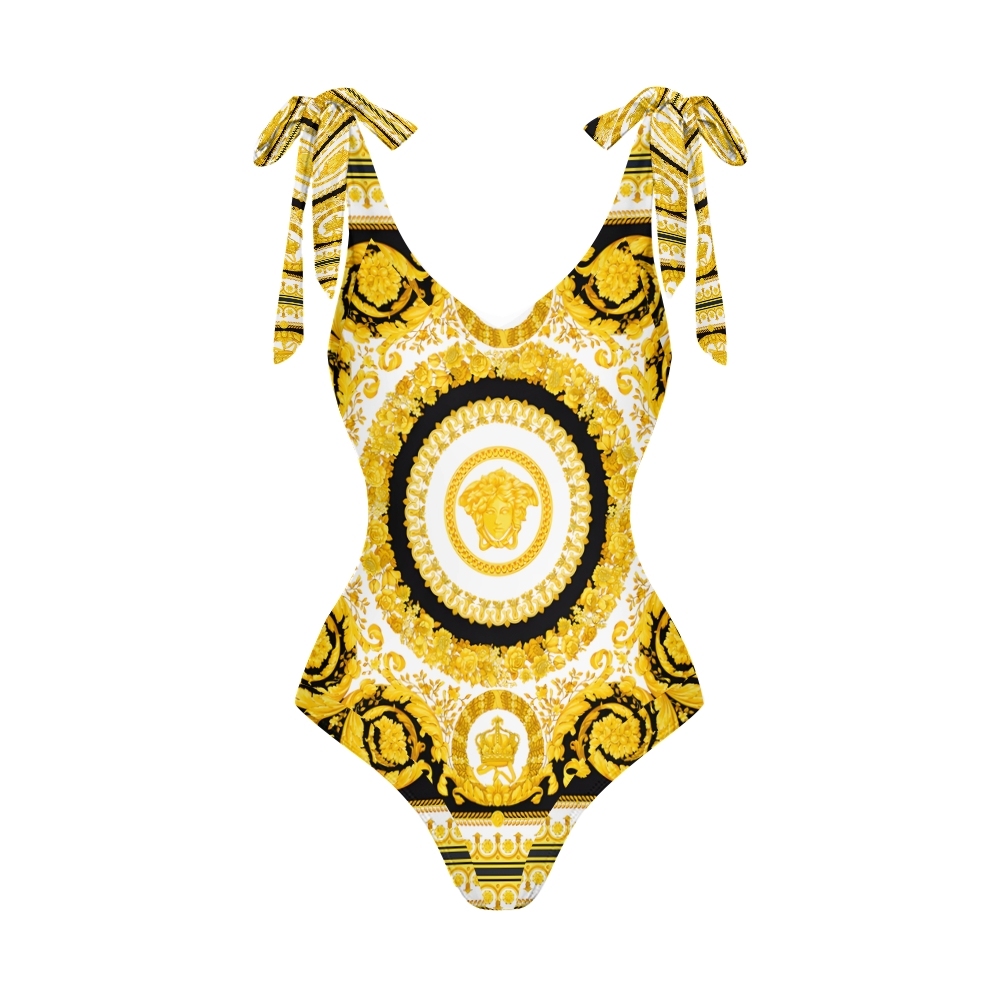 Women's Luxurious Baroque Medusa Pattern Fabric in Black and Gold One-Piece Swimsuit with Skirt
