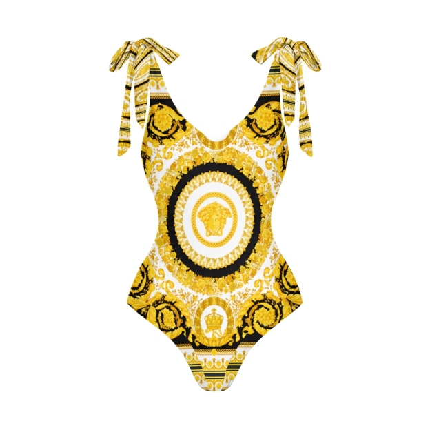 Women's Luxurious Baroque Medusa Pattern Fabric in Black and Gold One-Piece Swimsuit with Skirt