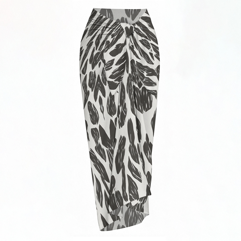 Minimalist Black and White Leaf Print Bikini with Matching Sarong Skirt