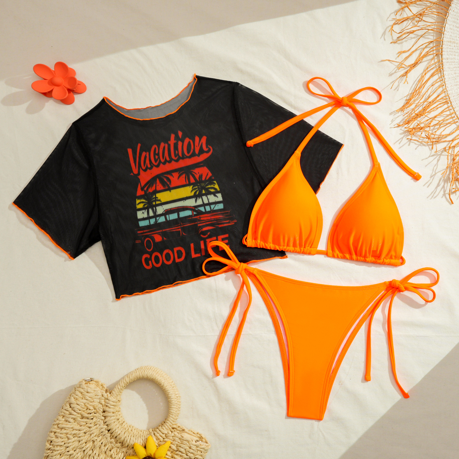 Women's Tropical All-Over Print Bikini 3-Piece Swimsuit Set