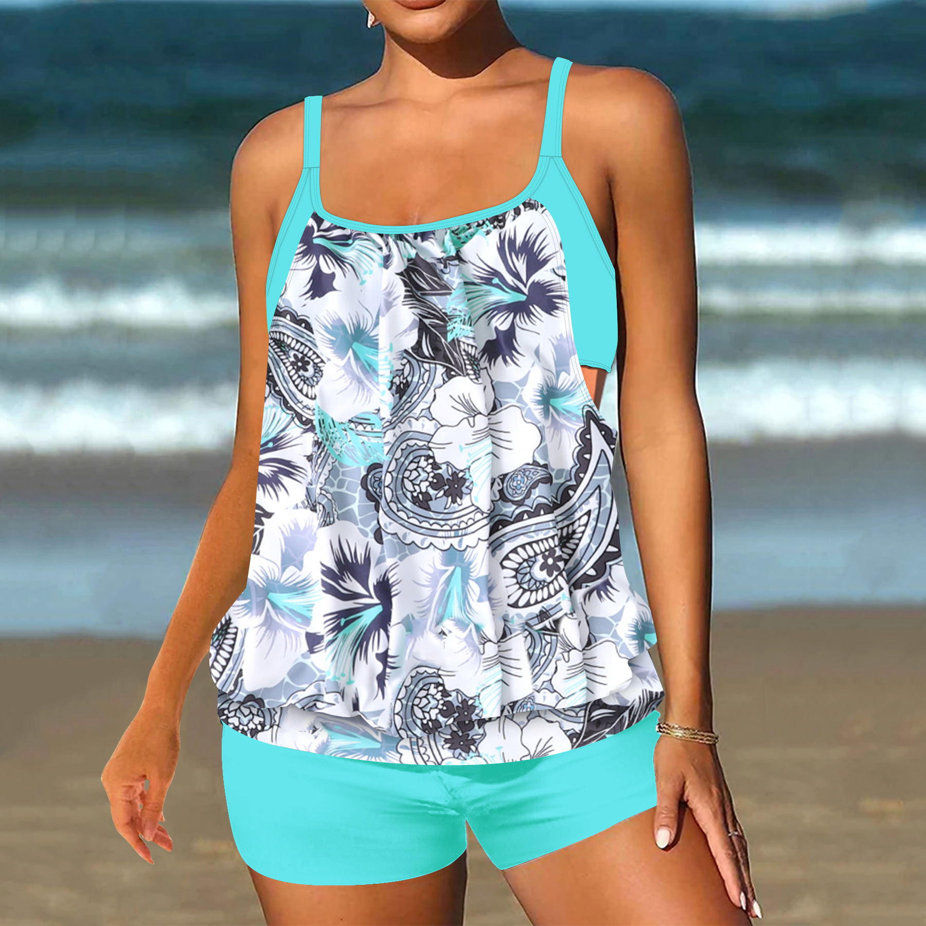 Women's New Plus Size Colorful Print Tankini 2-Piece Set