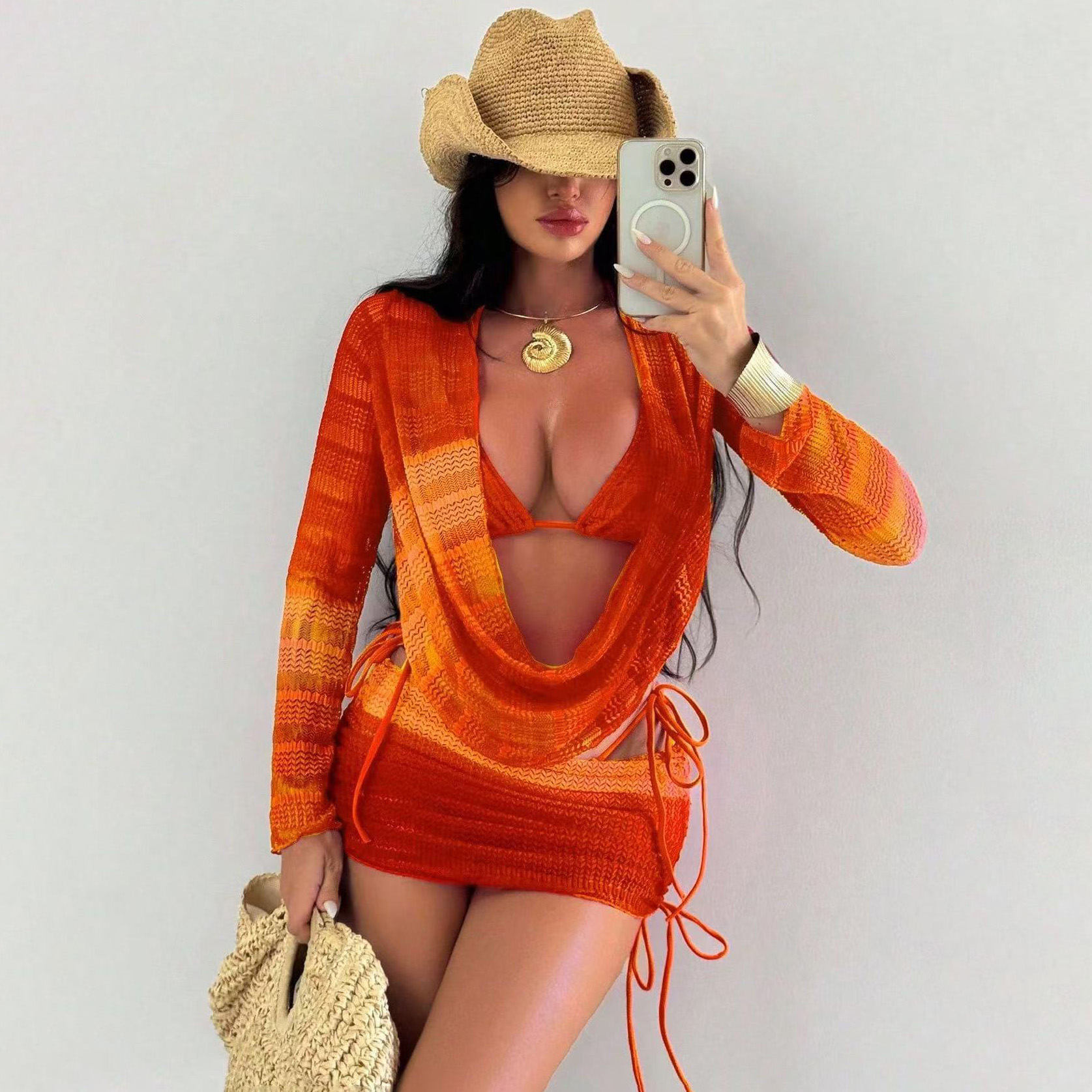 2026 Tie-Dye & Mesh 4-Piece Set: Bikini, Long Top & Mini Skirt