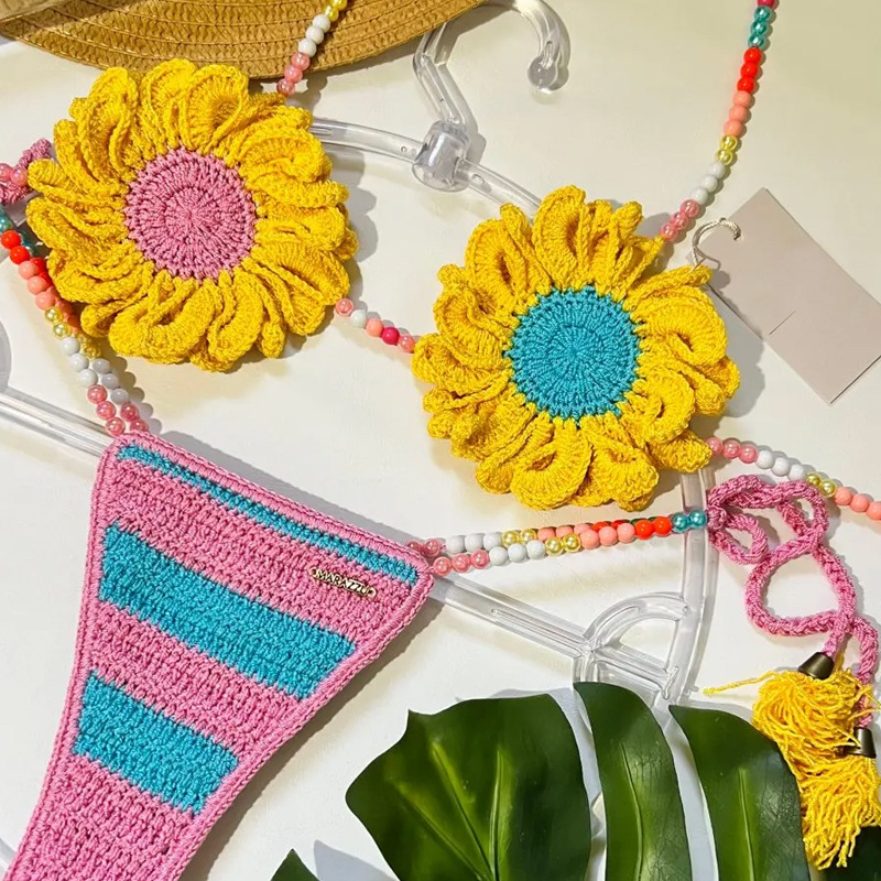 Women's Boho Crochet Bikini with Flower Details Two-Piece Swimsuit
