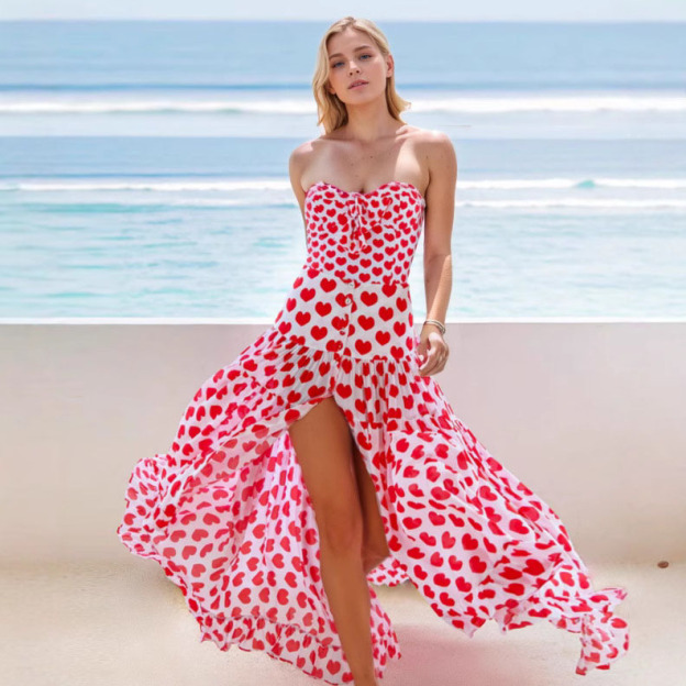 Women's Romantic Heart Print One-Piece Swimsuit with Skirt