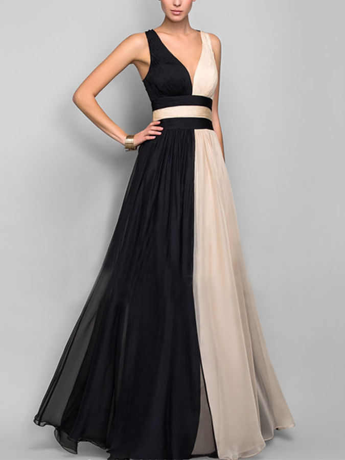 Slim And Sexy Contrast Color Sleeveless Long Dress