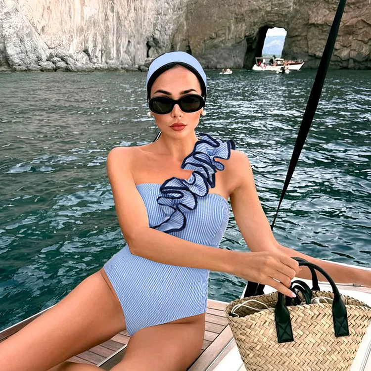 Women's Blue Stripe One-Shoulder One-Piece Swimsuit with Skirt