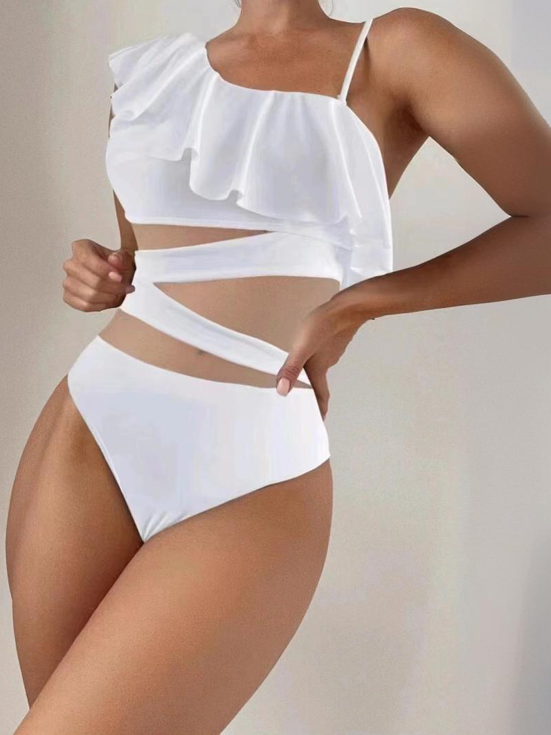 Solid Color Swimsuit with Sheer Mesh Panels