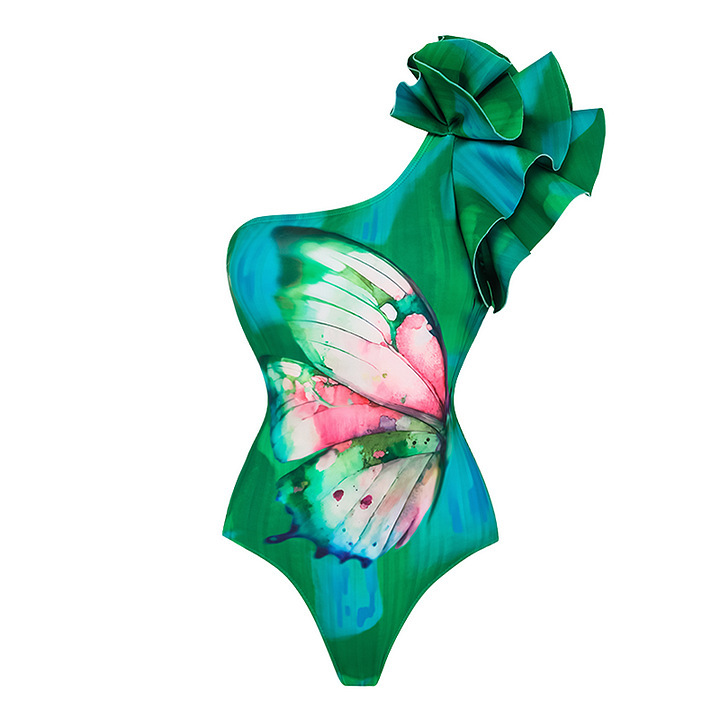 Women's One-Shoulder Ruffle Top with Butterfly Print One-Piece Swimsuit with Skirt
