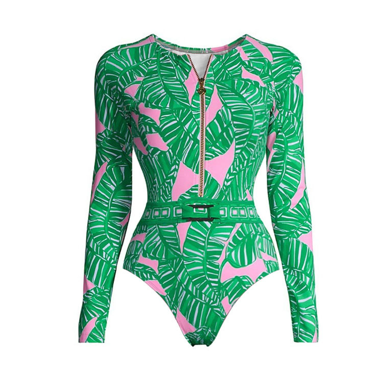 Women's New Long Sleeve Zip-Front Swimsuit with Green Print One-Piece Swimsuit with Skirt or Shorts