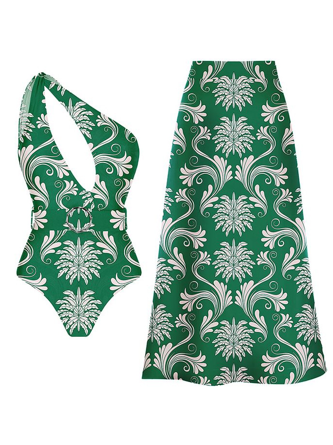 One Shoulder Printed Cut Out One Piece Swimsuit With Belt and Skirt