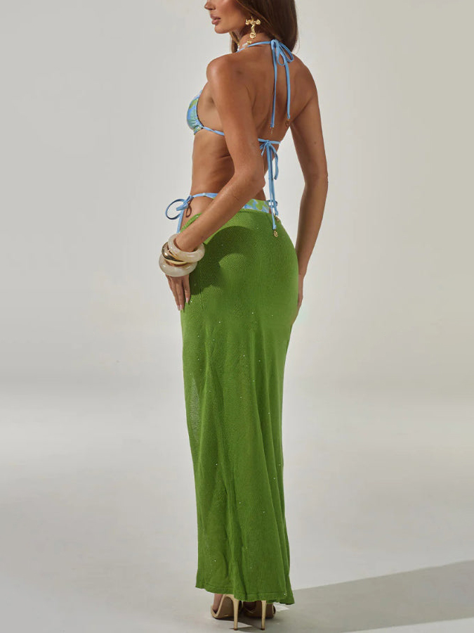 Elegant Bikini Set with High-slit Casual Knitted Cover-up Maxi Skirt