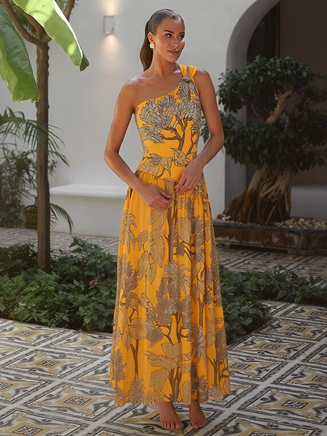 Botanical Leaf Yellow Printed Swimsuit & Cover-Up Set