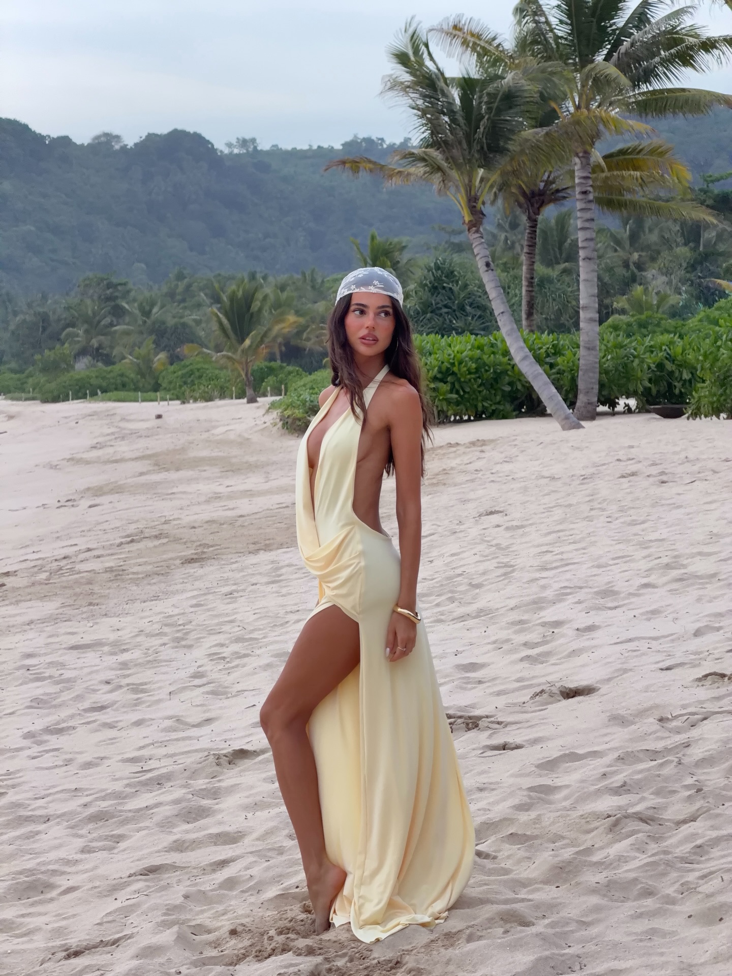 Cream Yellow Halter Twist Cutout One-Piece Dress