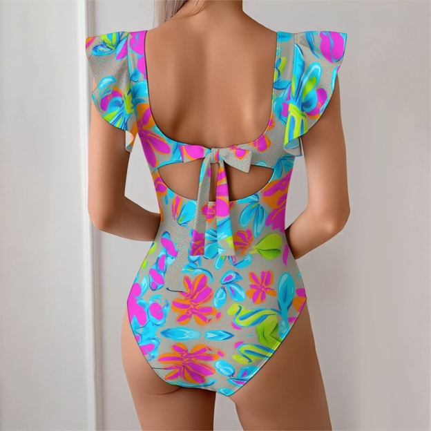 Bold Floral Ruffled One-Piece Swimsuit with Coordinating Sarong Skirt