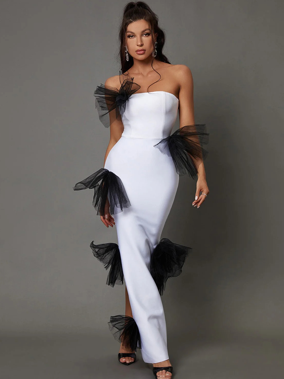 Strapless Pleated Tulle Bow Maxi Dress
