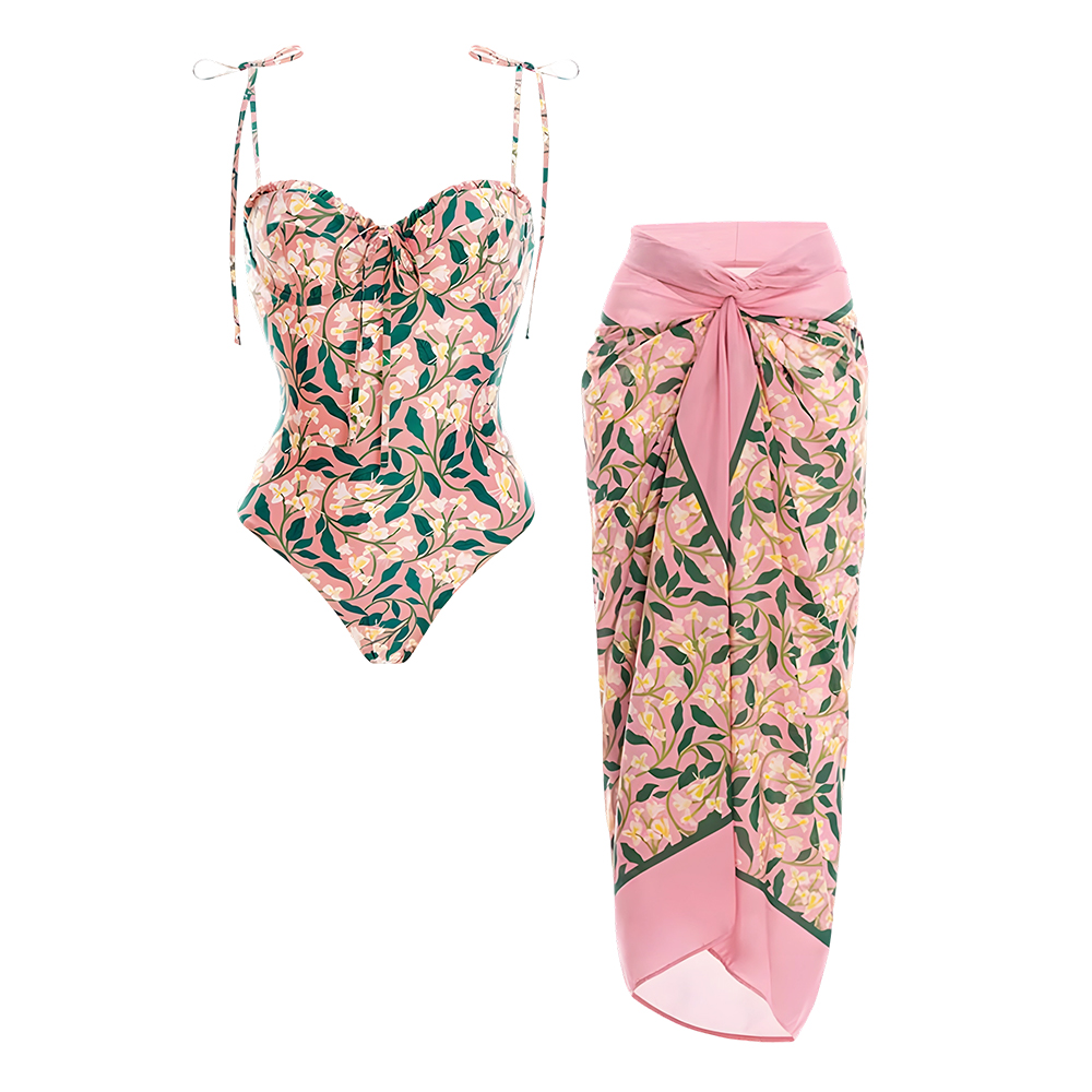 Floral Print One Piece Swimsuit with Wrap Skirt Sarong