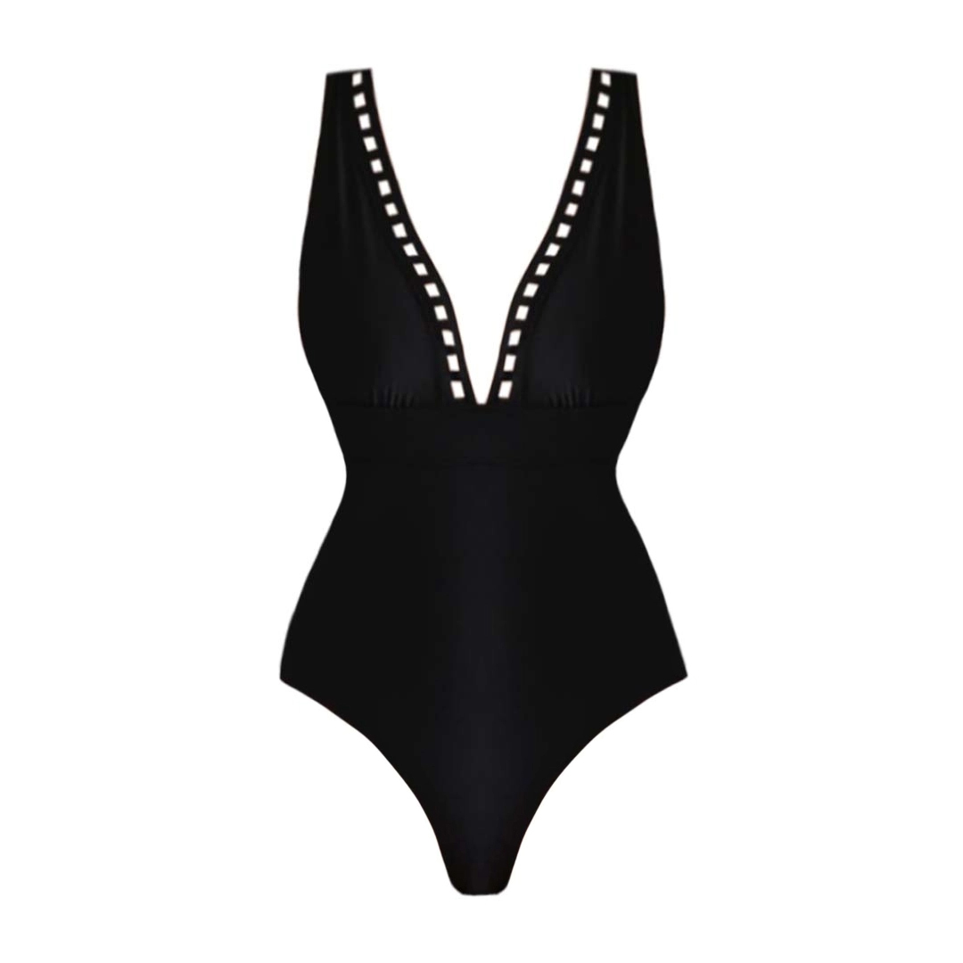 Women's Black Hollow Design V-neck One Piece Swimsuit and Skirt