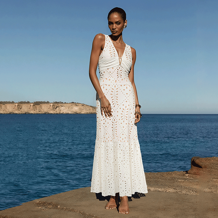 Women's V Neck Solid Color Laser Cutting Flower One Piece Swimsuit and Skirt