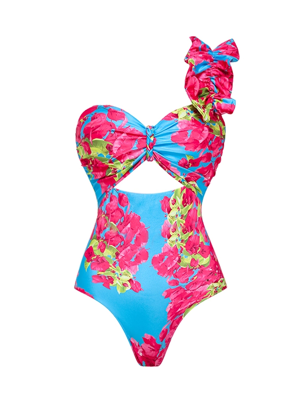Ruffle Bougainvillea Flower Printed Swimsuit and Skirt
