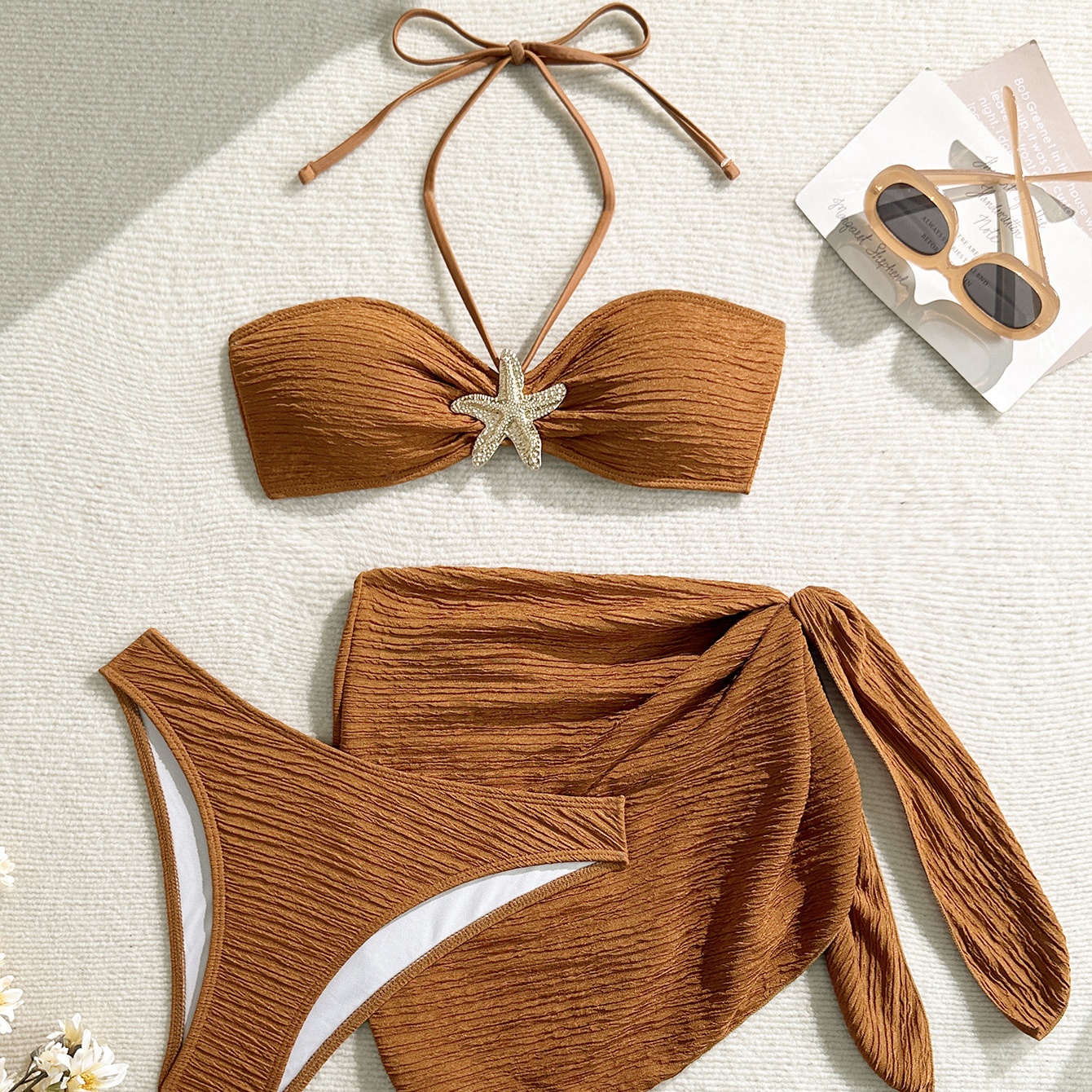Three-piece Bikini Set with Starfish Accent and Wrap Skirt