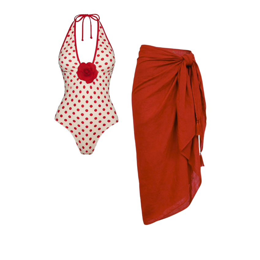 Red polka dot 3D flower Swimsuit Set